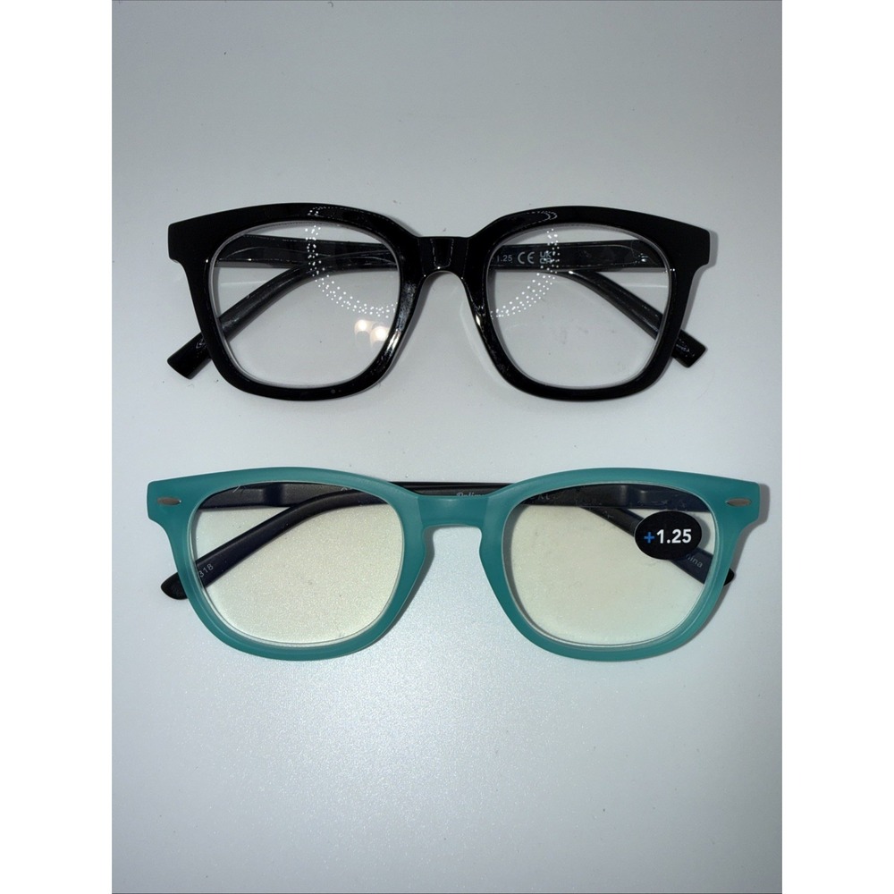 2 Pairs of NEW +1.25 Reading Eyeglasses-Black Wide Frames & Optimum Optical Blue